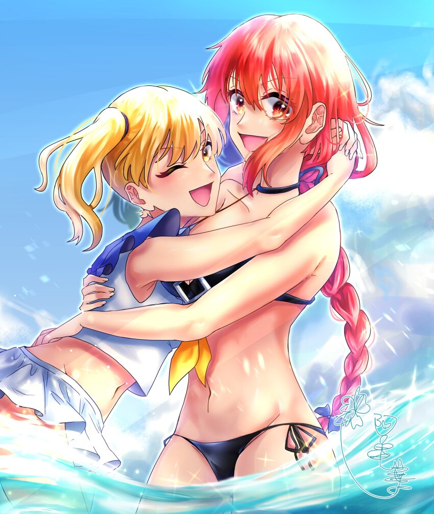 2girls :d absurdres adapted_costume bikini black_bikini blonde_hair blue_sailor_collar breasts collarbone commentary_request groin halterneck happy highres hug kitashirakawa_chiyuri large_breasts long_hair looking_at_viewer midriff multiple_girls navel neckerchief ocean okame_hana okazaki_yumemi one_eye_closed open_mouth partially_submerged red_eyes red_hair sailor_collar shirt skirt sleeveless sleeveless_shirt small_breasts smile stomach swimsuit touhou touhou_(pc-98) two_side_up very_long_hair wading white_bikini white_shirt white_skirt yellow_neckerchief