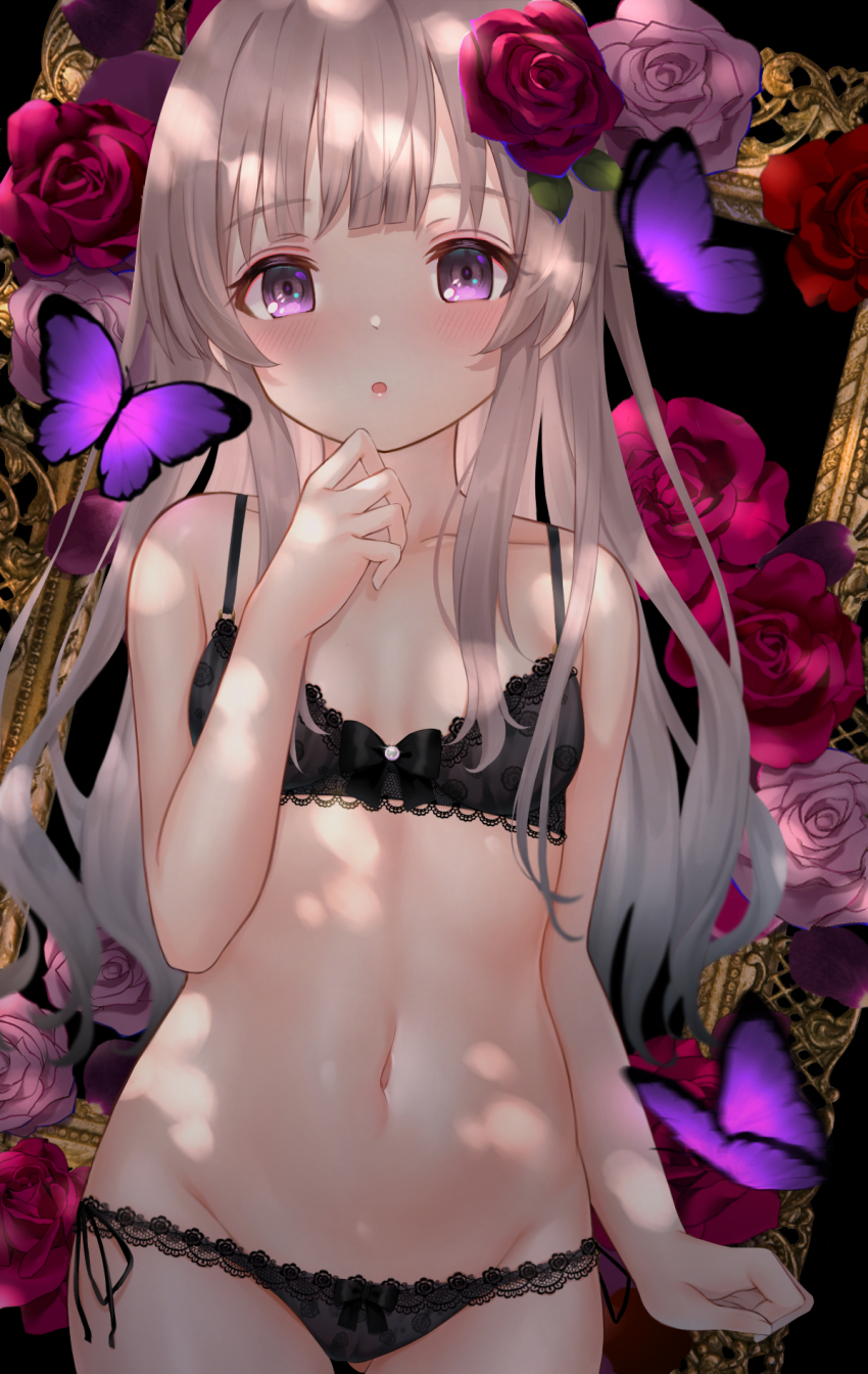 1girl black_bra blue_panties blush bra commission ebihurai grey_hair groin highres idolmaster idolmaster_shiny_colors lace lace-trimmed_panties lace_trim lingerie looking_at_viewer lowleg lowleg_panties navel paid_reward_available panties parted_lips purple_eyes skeb_commission solo straight_hair underwear underwear_only yukoku_kiriko