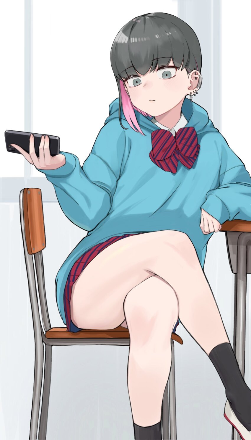 1girl ayatak0517 black_socks blue_hoodie bow bowtie cellphone chair colored_inner_hair cross cross_earrings crossed_legs desk ear_piercing earclip earrings grey_eyes grey_hair highres holding holding_phone hood hoodie jewelry komi-san_wa_komyushou_desu looking_at_viewer multicolored_hair on_chair phone piercing pink_hair red_bow red_bowtie red_skirt school_chair school_desk shiina_muzuka sitting skirt smartphone socks solo striped_bow striped_bowtie striped_clothes striped_skirt