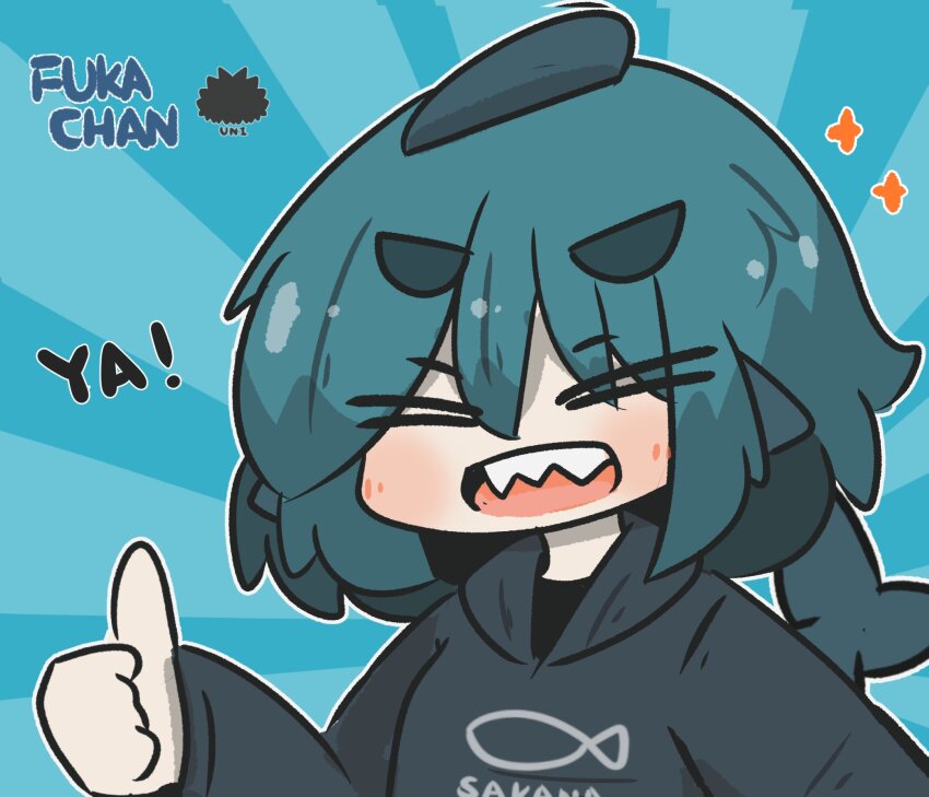 1girl :d =_= black_hoodie blue_background blue_eyes blue_hair blush character_name closed_eyes clothes_writing commentary_request fins fish_tail fuka-chan highres hood hood_down hoodie long_sleeves open_mouth original romaji_text sea_urchin shark_tail sharp_teeth short_eyebrows smile solo sunburst sunburst_background tail teeth thick_eyebrows thumbs_up uni_souchou upper_body