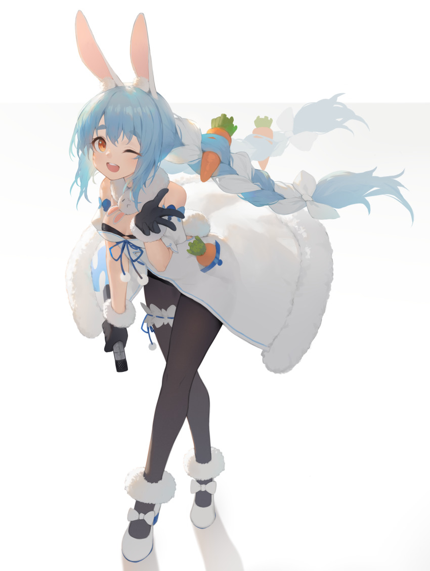 1girl ;d absurdres animal_ear_fluff animal_ears bare_shoulders black_gloves black_leotard black_pantyhose blue_hair bow braid breasts brown_eyes carrot_hair_ornament commentary_request don-chan_(usada_pekora) dress food-themed_hair_ornament full_body fur-trimmed_dress fur-trimmed_gloves fur_trim gloves hagi_(ame_hagi) hair_bow hair_ornament highres holding hololive leaning_forward leotard long_hair multicolored_hair one_eye_closed open_mouth pantyhose rabbit_ears shadow shoes short_eyebrows small_breasts smile strapless strapless_dress strapless_leotard thick_eyebrows twin_braids twintails two-tone_hair usada_pekora usada_pekora_(1st_costume) very_long_hair virtual_youtuber white_bow white_dress white_footwear white_hair