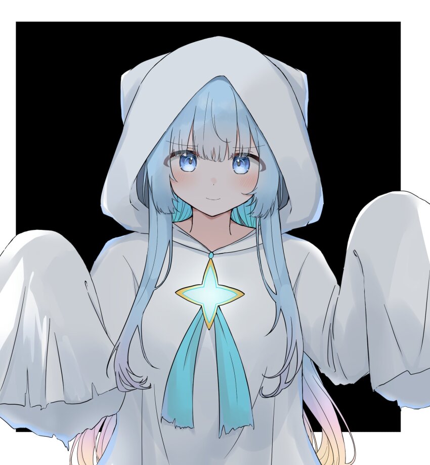 1girl aqua_hair blue_eyes blue_hair ghost_costume gradient_hair halloween_costume highres hood hood_up long_hair looking_at_viewer monster_strike multicolored_hair neo_(monster_strike) sheet_ghost sleeves_past_fingers sleeves_past_wrists solo srsamd57223