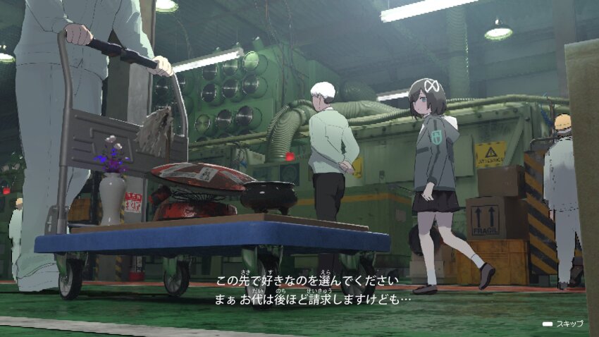 1girl 3boys aqua_eyes arms_behind_back black_hair black_skirt box cardboard_box cart censer drone factory fake_screenshot flower green_jacket hair_ribbon hard_hat hazard_stripes helmet highres incense_burner industrial industrial_pipe jacket kirishima_gorou_(samidare) loafers lost_property_control_organization_(samidare) multiple_boys ofuda overhead_lights pleated_skirt protagonist_(lost_property_control_organization) pushcart revision ribbon samidare_(hoshi) shoes short_hair sign skirt socks subtitled t-6407j_(samidare) vase warning_sign white_hair white_ribbon white_socks