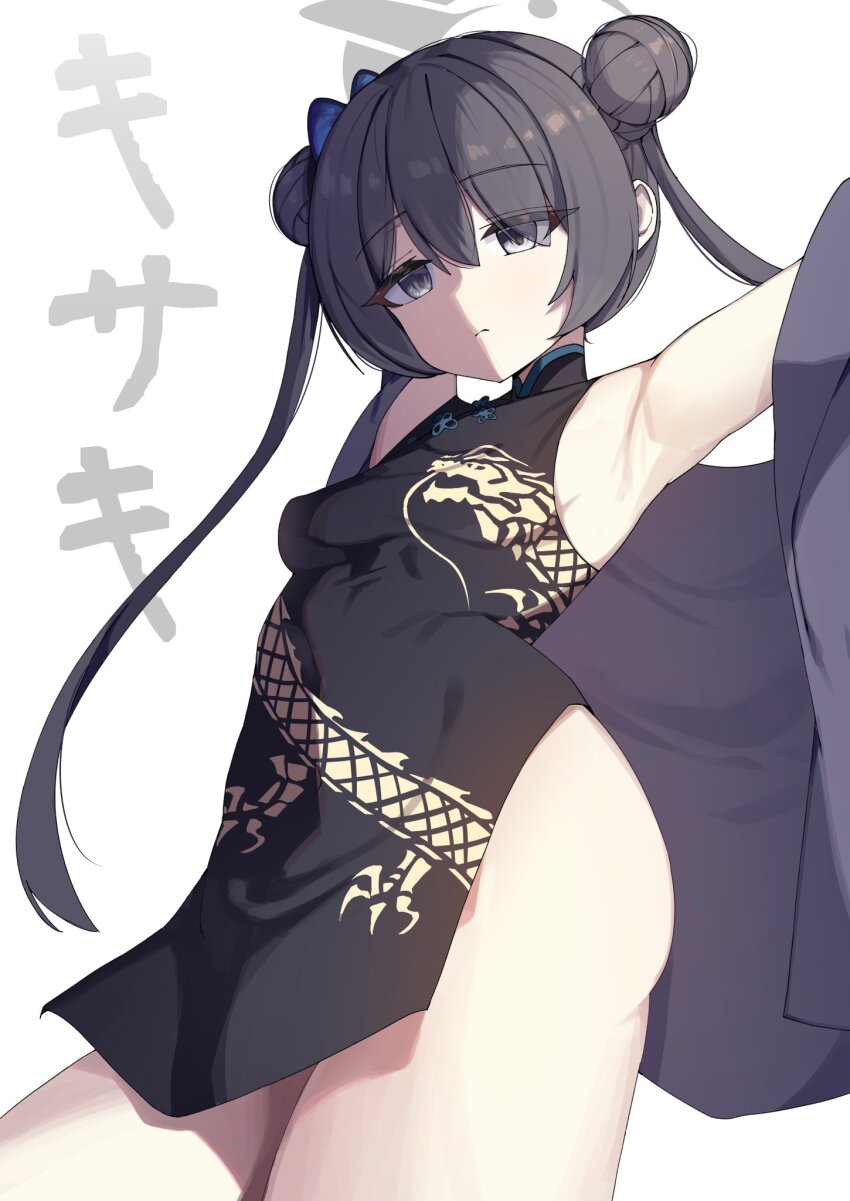 1girl armpits arms_up black_dress black_hair blue_archive breasts butterfly_hair_ornament china_dress chinese_clothes coat commentary_request double_bun dragon_print dress feet_out_of_frame from_below grey_coat grey_eyes grey_halo hair_bun hair_ornament halo highres kisaki_(blue_archive) long_hair looking_down outstretched_arms pelvic_curtain print_dress sanbi1313 sleeveless sleeveless_dress small_breasts solo twintails