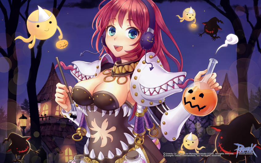 1girl armor bare_tree blue_eyes blush breasts brown_dress cleavage clothing_cutout cloud copyright_notice cowboy_shot deviruchi dress genetic_(ragnarok_online) ghost guest_art halloween headphones highres holding holding_paintbrush house jack-o&#039;-lantern lamppost living_clothes logo long_hair looking_at_viewer lude_(ragnarok_online) medium_breasts midriff navel_cutout official_art official_wallpaper open_mouth paintbrush pauldrons potion purple_sky quve_(ragnarok_online) ragnarok_online red_hair shoulder_armor sky smile solo star_(sky) starry_sky strapless strapless_dress teeth tree triangular_headpiece upper_teeth_only yamigo