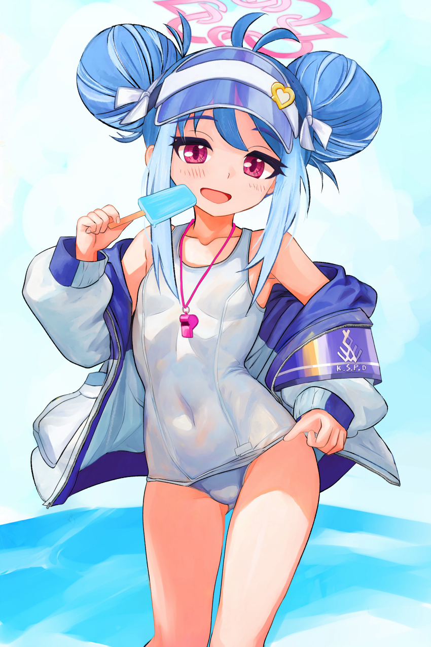 1girl absurdres blue_archive blue_hair breasts commentary covered_navel double_bun english_commentary food fubuki_(blue_archive) fubuki_(swimsuit)_(blue_archive) hair_bun halo highres holding holding_food holding_popsicle jacket looking_at_viewer mixed-language_commentary one-piece_swimsuit open_clothes open_jacket open_mouth pink_eyes popsicle school_swimsuit small_breasts smile solo swimsuit tsukiyono_aroe