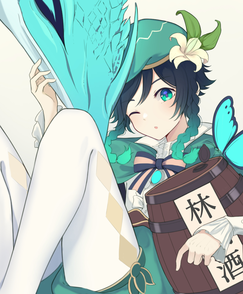 1boy absurdres bard barrel black_hair blue_eyes blue_hair braid bug butterfly cape chinese_text dragon dvalin_(genshin_impact) flower genshin_impact gradient_hair green_hat hair_flower hair_ornament hand_on_another&#039;s_head hat highres horns insect leaf_hair_ornament lily_(flower) long_sleeves looking_at_viewer male_focus multicolored_hair one_eye_closed open_mouth pantyhose scales shorts simple_background solo tatsu_wan translation_request trap twin_braids venti_(genshin_impact) white_background