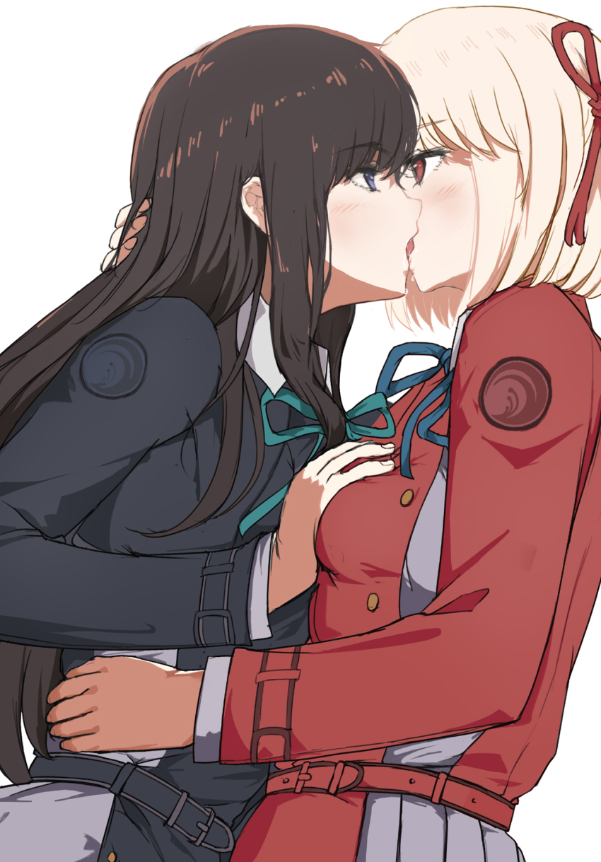 2girls belt black_hair blonde_hair blue_belt blue_dress blue_ribbon blush breasts dress french_kiss grabbing_another&#039;s_breast green_ribbon grey_dress groping hair_ribbon highres hug inoue_takina jinsai_sa_sa kiss long_hair long_sleeves looking_at_viewer lycoris_recoil lycoris_uniform multiple_girls nishikigi_chisato open_mouth pleated_dress purple_eyes red_belt red_dress red_eyes red_ribbon ribbon shirt short_hair simple_background standing two-tone_dress white_background yuri