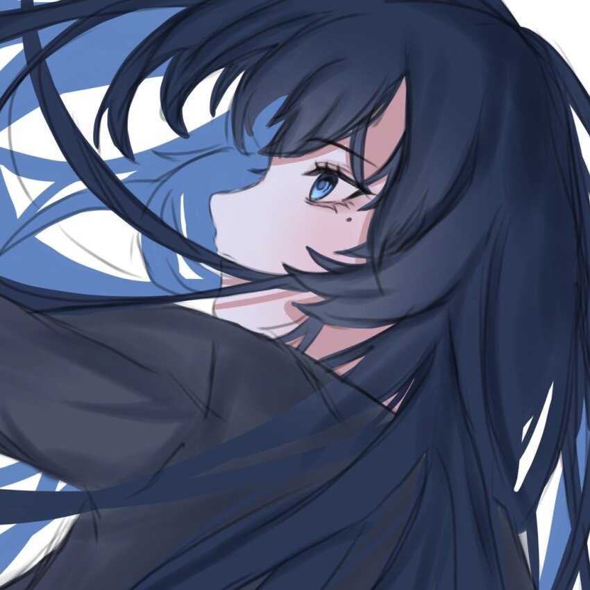 1girl 89_701 ado_(utaite) blue_eyes blue_hair chando_(ado) closed_mouth commentary floating_hair long_hair mole mole_under_eye simple_background solo upper_body utaite white_background