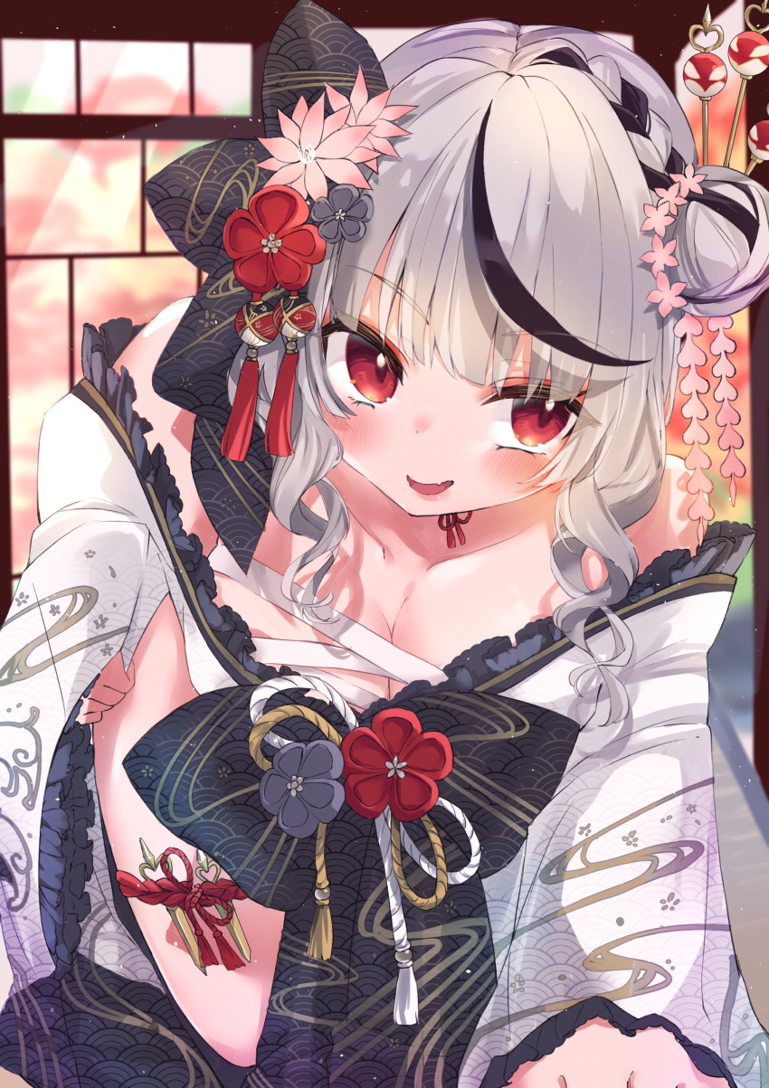 1girl absurdres black_hair blush braid breasts chest_sarashi cleavage grey_hair hair_bun highres hololive japanese_clothes kimono large_breasts looking_at_viewer medium_hair multicolored_hair nachio91 official_alternate_costume open_mouth red_eyes sakamata_chloe sakamata_chloe_(new_year) sarashi single_hair_bun smile solo streaked_hair thigh_strap virtual_youtuber white_kimono