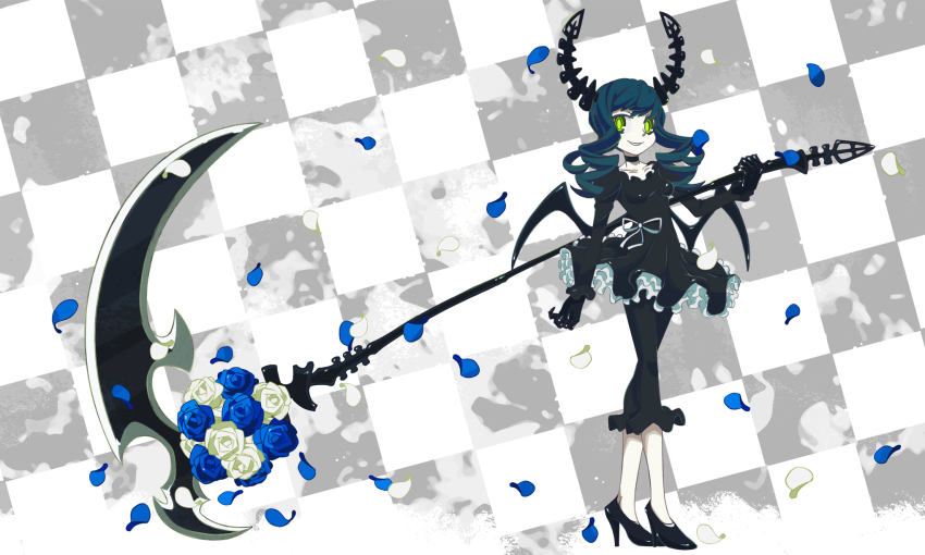 10s 1girl bad_id bad_pixiv_id black_rock_shooter checkered_background choker dead_master female_focus flower green_eyes high_heels highres horns inaba_taiju petals rose scythe shoes solo wings