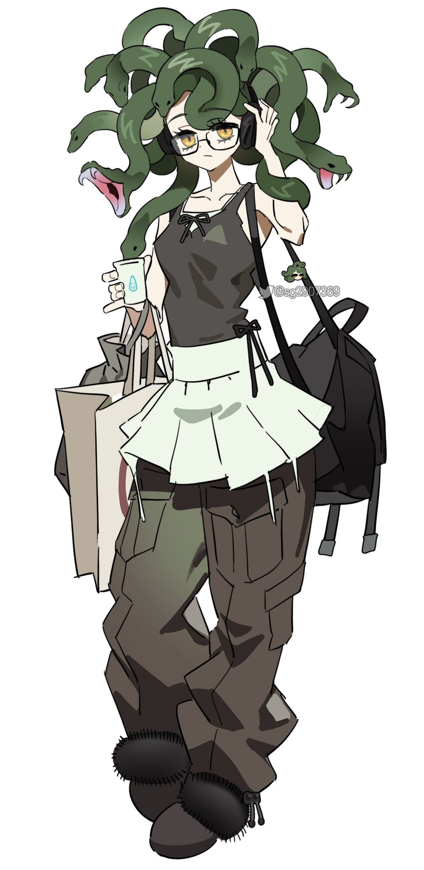 1girl absurdres bag baggy_pants closed_mouth cup full_body glasses headphones highres holding holding_cup long_hair looking_at_viewer original pants sg2907369 shopping_bag simple_background skirt snake_hair solo standing white_background yellow_eyes