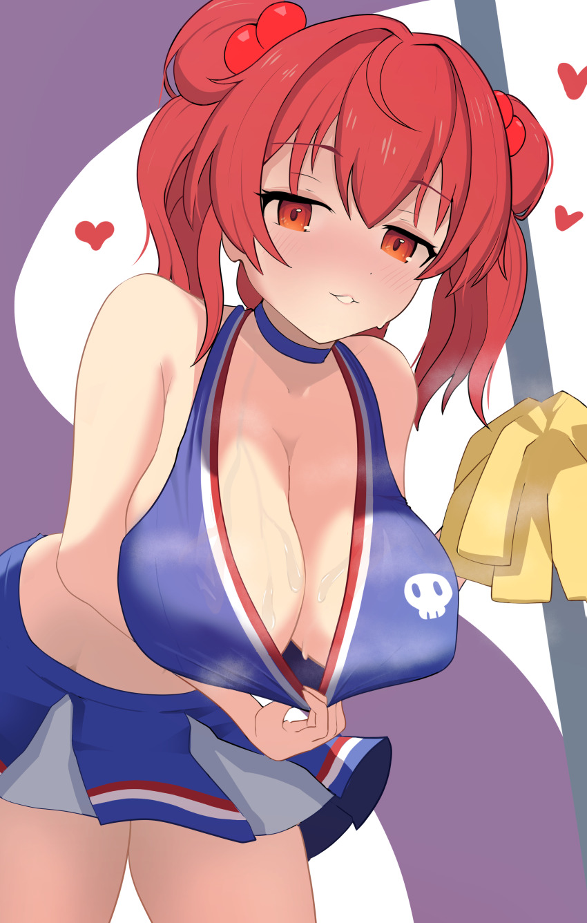 1girl absurdres blue_choker blue_skirt breasts cheerleader choker cleavage commentary commission cowboy_shot double_bun english_commentary hair_bobbles hair_bun hair_ornament heart highres large_breasts leaning_forward onozuka_komachi onozuka_komachi_(happy-to-listen_cheer-up_guide) parted_lips pixiv_commission pom_pom_(cheerleading) red_eyes red_hair rioku scythe simple_background skirt skull_print solo sweat touhou touhou_lostword two_side_up white_background