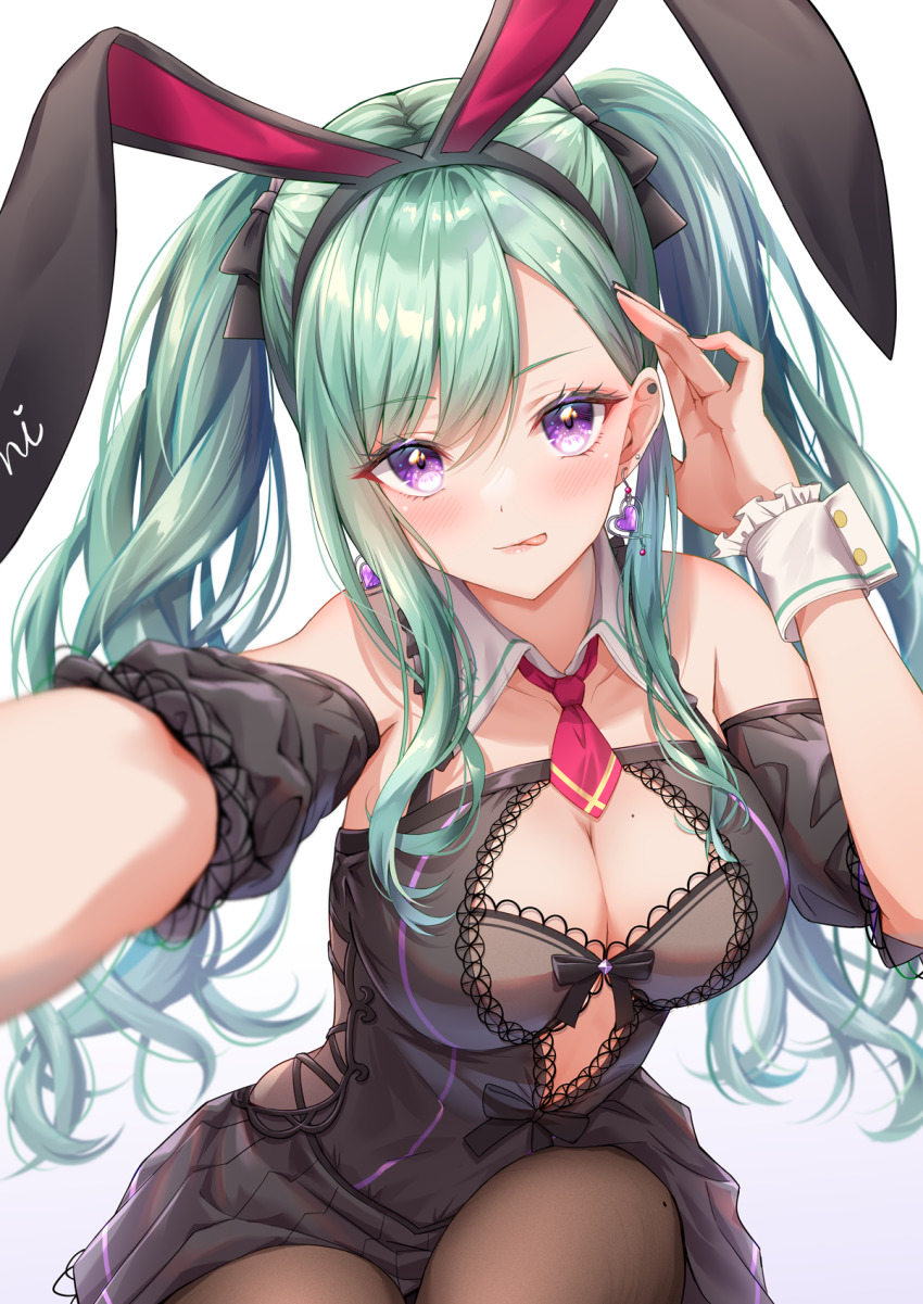 1girl :q adjusting_hair animal_ears bare_shoulders black_bra black_shirt black_skirt bra breasts brown_pantyhose cleavage detached_sleeves earrings fake_animal_ears green_hair hairband hand_up highres jewelry lace_trim long_hair looking_at_viewer medium_breasts mole mole_on_breast mole_on_thigh necktie outstretched_arm pantyhose purple_eyes rabbit_ears shirt skirt toki_(toki_ship8) tongue tongue_out twintails underwear virtual_youtuber vspo! wrist_cuffs yakumo_beni yakumo_beni_(2nd_costume)