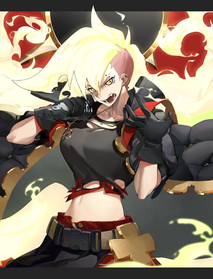 +_+ 1girl alchemy_stars belt black_coat black_gloves black_shirt blonde_hair breasts buckle coat ear_piercing eyebrow_piercing fangs fiery_hair fire gloves hands_up highres holding holding_microphone jewelry large_breasts letterboxed looking_at_viewer microphone midriff navel necklace open_clothes open_coat open_mouth piercing regina_(alchemy_stars) shirt short_sleeves sinnbunn snap-fit_buckle solo torn_clothes torn_shirt undercut upper_body v-shaped_eyebrows yellow_eyes