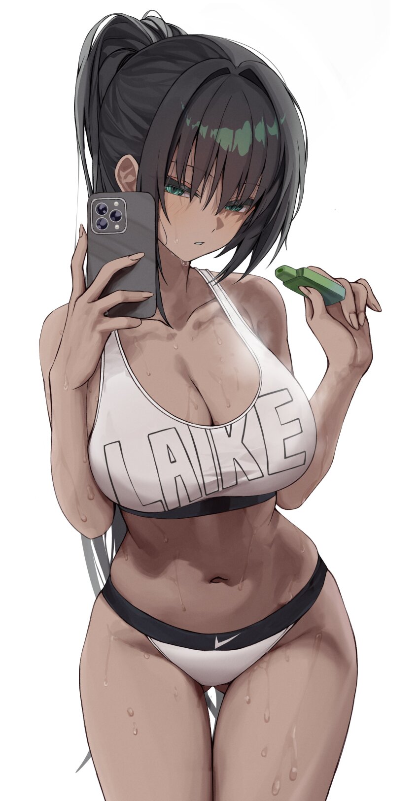 1girl absurdres breasts cleavage clothes_writing cowboy_shot dark-skinned_female dark_skin electronic_cigarette green_eyes gwan-e highres holding holding_phone large_breasts midriff navel nike_(company) original panties phone ponytail selfie sports_bra sweat sweatdrop tsurime underwear white_panties white_sports_bra