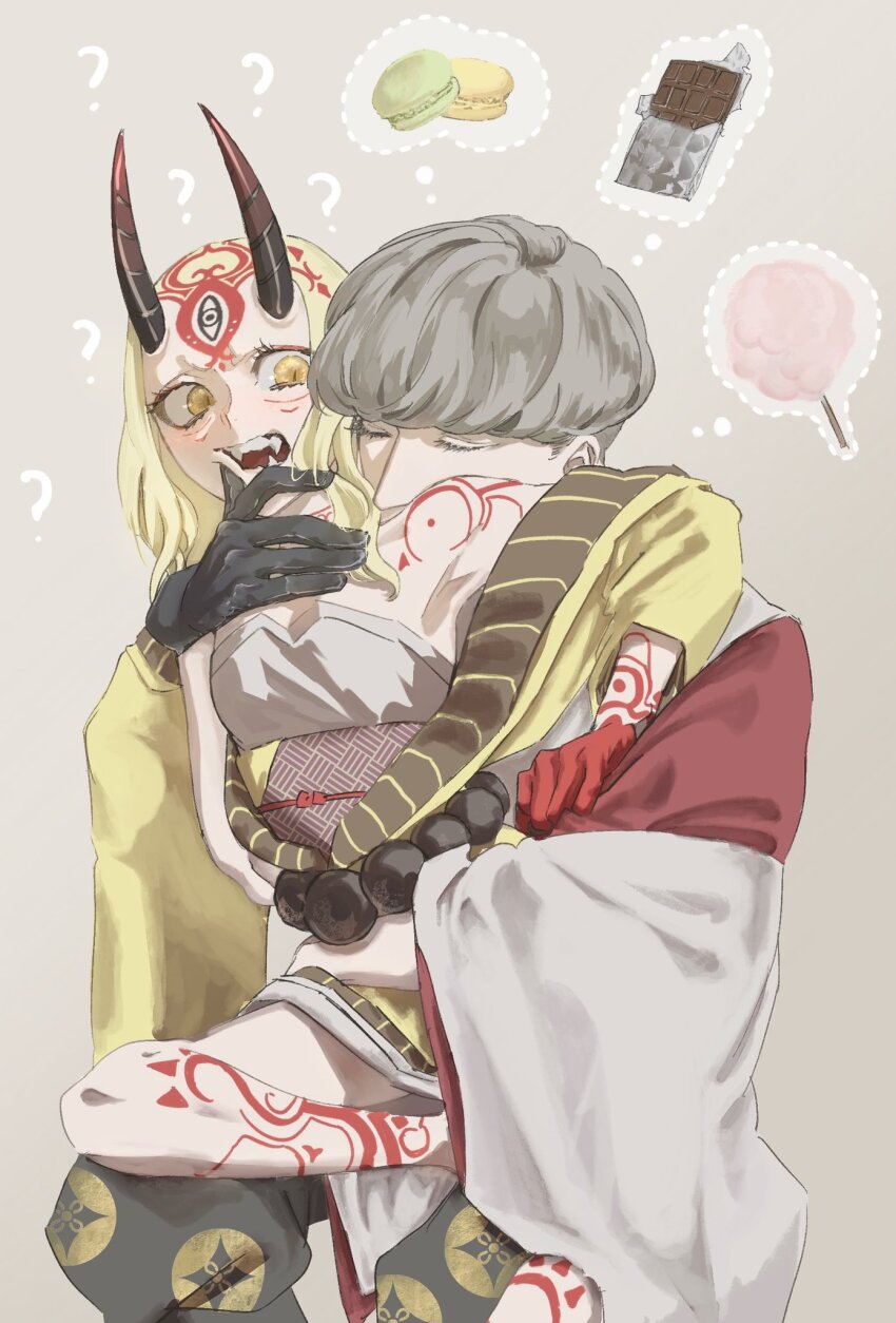 1boy 1girl ? blonde_hair body_markings breasts chocolate closed_eyes commentary_request eieio006 facial_mark fangs fate/grand_order fate_(series) food forehead_mark gloves grey_hair hetero highres horns hug hug_from_behind ibaraki_douji_(fate) japanese_clothes kimono kiss long_hair macaron oni open_mouth small_breasts teeth watanabe_no_tsuna_(fate) yellow_eyes