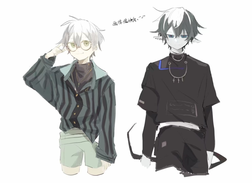 2897419513 2boys ahoge arknights bishounen black_hair black_shirt blue_eyes cowboy_shot faust_(arknights) glasses jewelry male_focus mephisto_(arknights) multiple_boys necklace pointy_ears shirt short_hair shorts simple_background smile white_background white_hair yellow_eyes