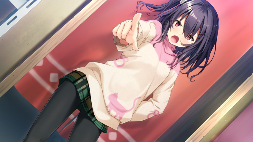 1girl animal_print black_hair black_pantyhose cat_print dutch_angle game_cg green_skirt hair_intakes hair_ornament hairclip hand_on_own_hip hibikino-san-chi_wa_eroge-ya-san! hibikino_yui highres long_hair long_sleeves looking_at_viewer miniskirt open_mouth pantyhose plaid_clothes plaid_skirt pointing print_sweater red_eyes sawayaka_samehada side_ponytail skirt solo standing sweater v-shaped_eyebrows white_sweater