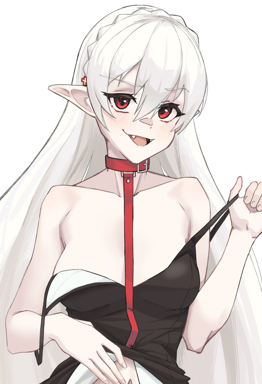 1girl absurdres arknights belt_collar black_camisole braid camisole collar colored_skin crown_braid double_strap_slip fangs highres long_hair pale_skin pointy_ears pulling_own_clothes radioneet red_eyes smile upper_body vampire warfarin_(arknights) white_background white_hair white_skin