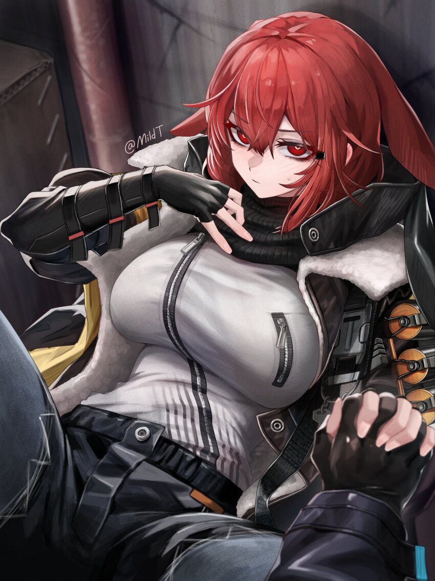 1girl absurdres arknights black_bridal_gauntlets black_coat black_gloves black_pants black_scarf breasts bridal_gauntlets coat crownslayer_(arknights) gloves highres holding_hands interlocked_fingers large_breasts long_hair long_sleeves looking_at_viewer mildt open_clothes open_coat pants pov red_eyes red_hair scarf shirt_tucked_in sitting solo_focus spread_legs