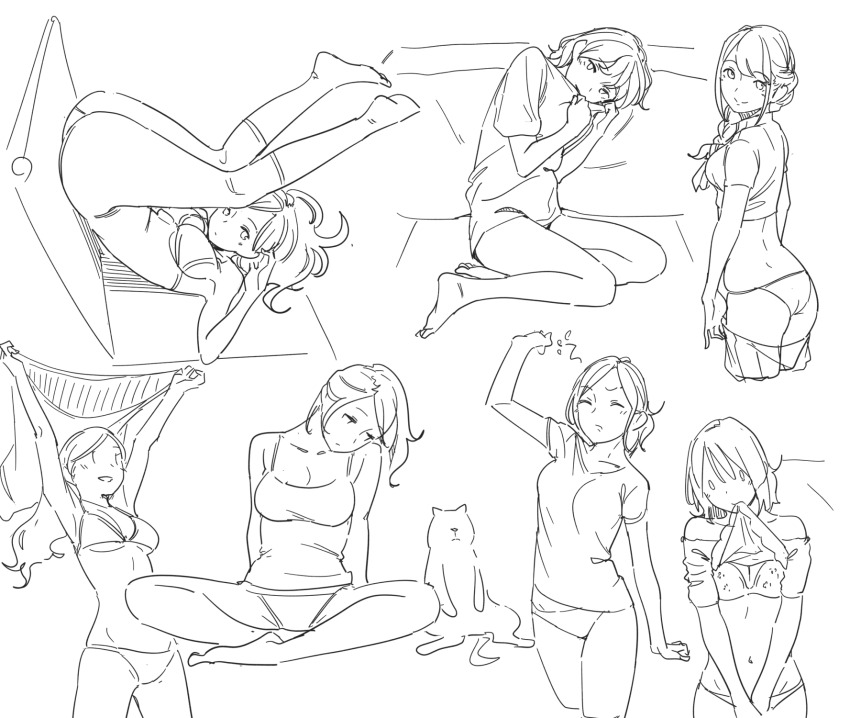 1girl arms_up ass bra breasts camisole cat clothes_in_mouth collage cropped_legs greyscale highres holding holding_unworn_clothes indian_style kneehighs lineart long_hair looking_at_viewer lying monochrome mouth_hold norakura_(nr_kura) on_back original panties ponytail shirt_in_mouth sitting sketch smile socks top-down_bottom-up underwear