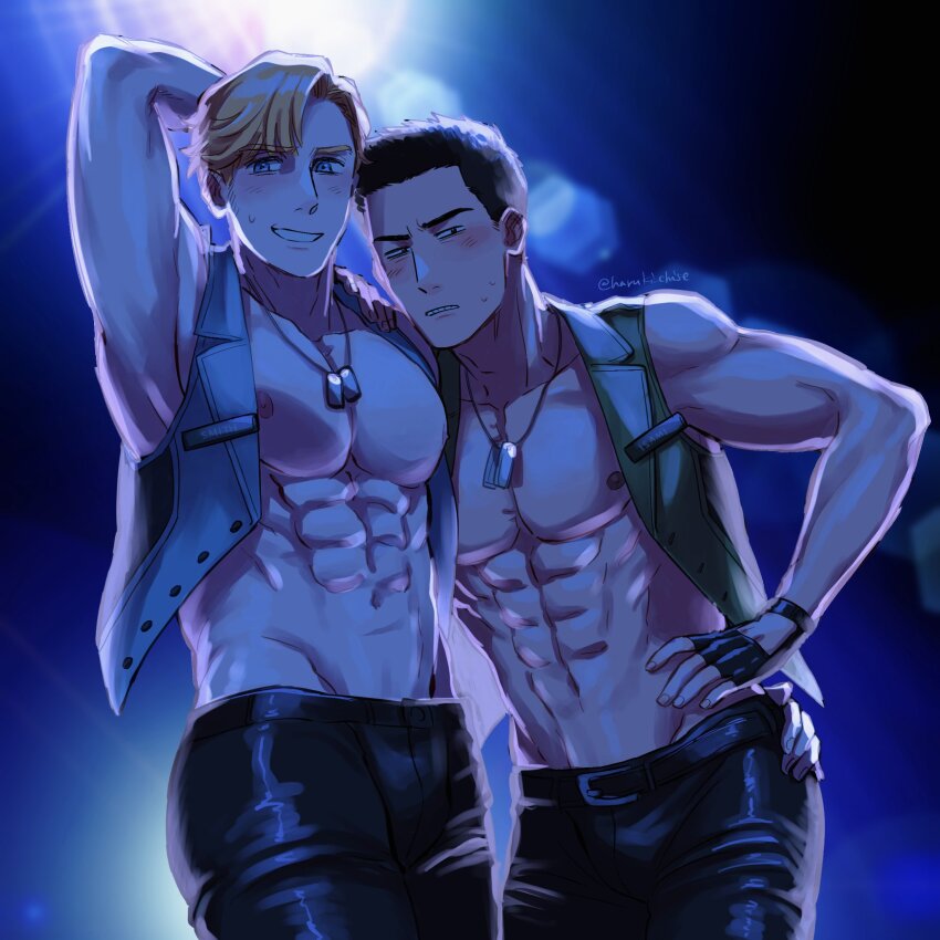 2boys abs ao_isami arm_behind_head armpits bara bare_pectorals black_hair blonde_hair couple cowboy_shot dog_tags facial_hair haruki_chise highres large_pectorals latex_pants leaning_on_person lewis_smith male_focus multiple_boys muscular muscular_male navel nipples pectorals sideburns_stubble stomach stubble thick_eyebrows yaoi yuuki_bakuhatsu_bang_bravern