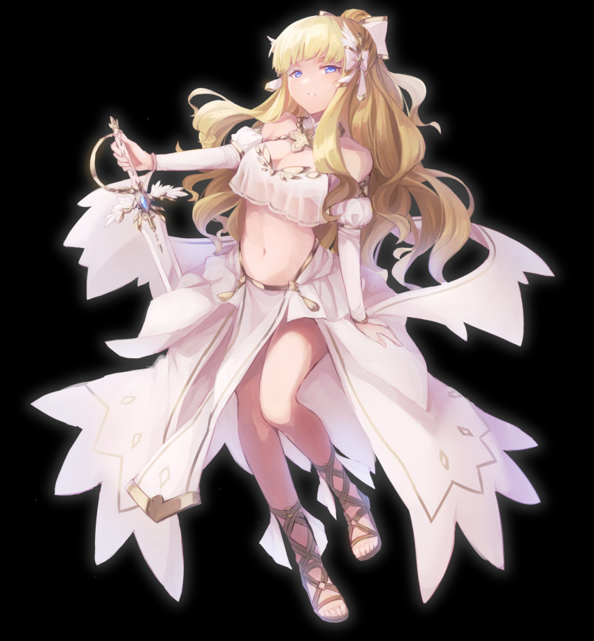 1girl black_background blonde_hair blue_eyes blunt_bangs blush bow breasts elf hair_bow hair_ornament half-closed_eyes highres large_breasts long_hair looking_at_viewer navel navi_(ivan) open_mouth pointy_ears princess_connect! saren_(princess_connect!) solo sword weapon winged_sword