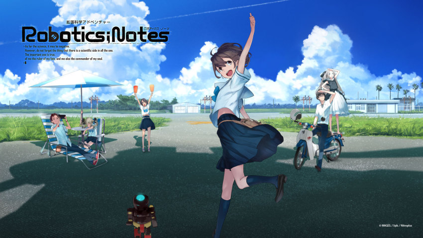 10s 2boys 4girls airi_(robotics;notes) blonde_hair brown_hair daitoku_junna fukuda_tomonori glasses hidaka_subaru highres koujiro_frau koujiro_furau multiple_boys multiple_girls nitroplus official_art ribbon robotics;notes school_uniform senomiya_akiho skirt smile text_focus twintails yashio_kaito