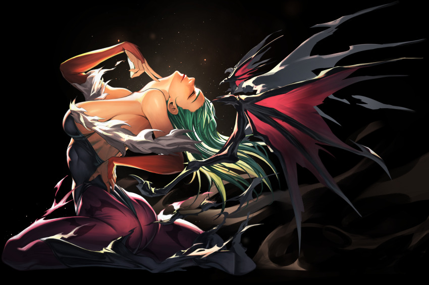 1girl ass bare_shoulders black_background black_leotard breasts closed_eyes closed_mouth commentary darkstalkers demon_wings from_side full_body green_hair head_back highres large_breasts leotard low_wings morrigan_aensland pantyhose purple_pantyhose simple_background solo temoc wings