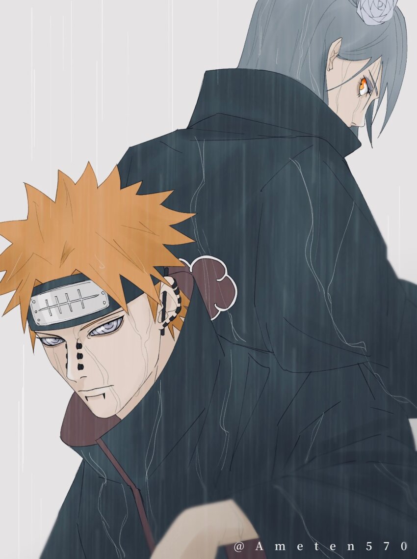 1boy 1girl akatsuki_uniform closed_mouth ear_piercing eyelashes flower grey_eyes grey_flower grey_hair grey_rose highres konan_(naruto) koten_(ameten570) lip_piercing multiple_piercings naruto_(series) naruto_shippuuden orange_eyes orange_hair pain_(naruto) piercing rain ringed_eyes rose short_hair wet wet_clothes wet_face wide_sleeves