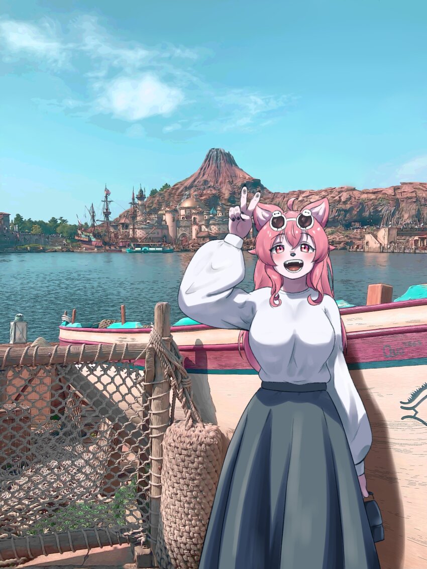 1girl absurdres animal_ears bag blue_sky boat day eyewear_on_head furry furry_female grey_skirt handbag highres long_hair long_skirt long_sleeves open_mouth original outdoors photo_background pink_eyes pink_hair scenery shirt shirt_tucked_in skirt sky solo takamura_(mokek0001) teeth v volcano water watercraft white-framed_eyewear white_shirt