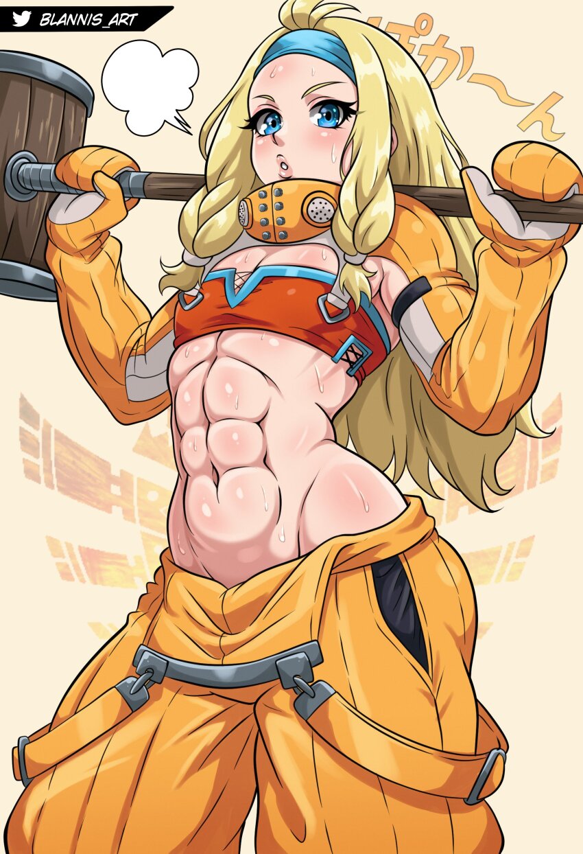 1girl abs aged_up artist_name blannis blonde_hair blue_eyes blue_headband blue_tube_top blush braid capcom cowboy_shot crafting_shop_daughter_(monster_hunter) eyebrows eyelashes female_focus flat_chest hammer hands_up headband holding holding_hammer lips long_hair looking_at_viewer midriff monster_hunter monster_hunter_(series) monster_hunter_4 navel orange_pants orange_shrug orange_tube_top pants parted_lips petite shrug_(clothing) side_braid simple_background solo strapless teeth tomboy toned toned_female tube_top two-tone_shrug two-tone_tube_top white_shrug yellow_background