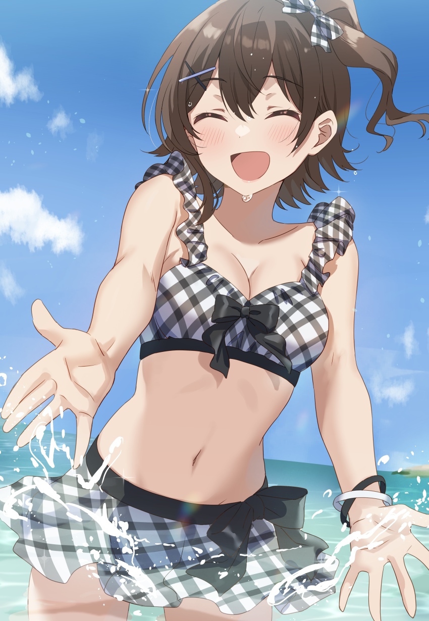 1girl :d ^_^ absurdres bikini bikini_skirt blue_sky blush bow breasts brown_hair cleavage closed_eyes cloud commentary cowboy_shot day emu_(emum) hair_bow highres idolmaster idolmaster_million_live! kasuga_mirai medium_breasts navel one_side_up open_mouth plaid_bikini plaid_clothes sky smile solo standing stomach swimsuit symbol-only_commentary