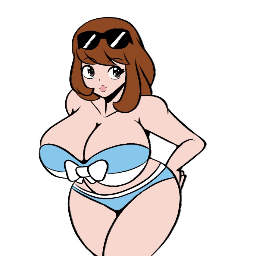 1girl bare_arms bare_shoulders bikini blue_bikini bow breasts brown_eyes brown_hair cleavage closed_mouth collarbone creatures_(company) eyeborws_visible_through_hair eyelashes eyewear_on_head game_freak hand_on_own_hip highres iggybomb lips looking_at_viewer medium_hair nintendo npc_trainer pokemon pokemon_oras simple_background smile solo strapless strapless_bikini sunglasses swept_bangs swimmer_(pokemon) swimsuit thick_lips thighs white_background white_bikini white_bow wide_hips