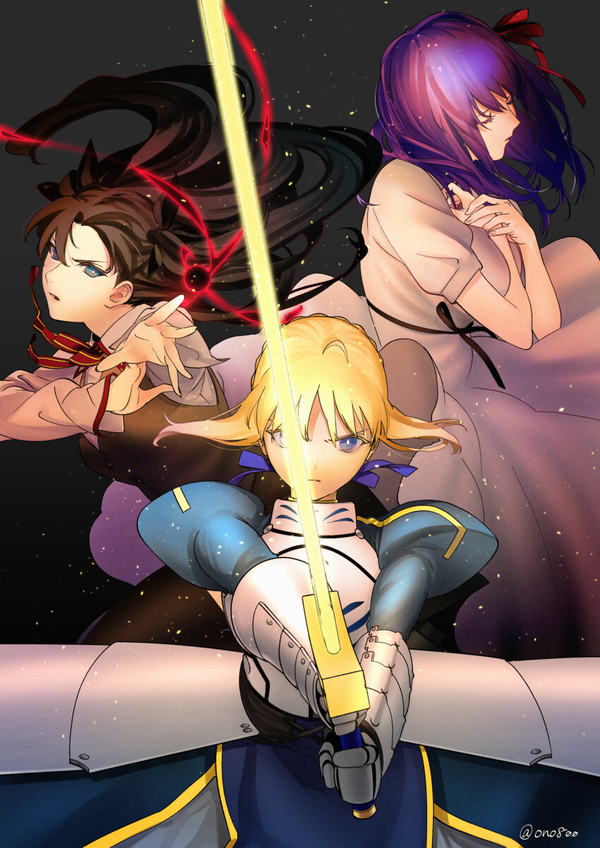 3girls armor armored_dress artoria_pendragon_(all) artoria_pendragon_(fate) black_hair blonde_hair blue_eyes closed_eyes commentary_request dress excalibur_(fate/stay_night) fate/stay_night fate_(series) hands_on_own_chest highres holding holding_sword holding_weapon homurabara_academy_school_uniform long_hair looking_at_viewer magic matou_sakura multiple_girls ono_tako purple_hair saber_(fate) school_uniform serious sword tohsaka_rin weapon white_dress