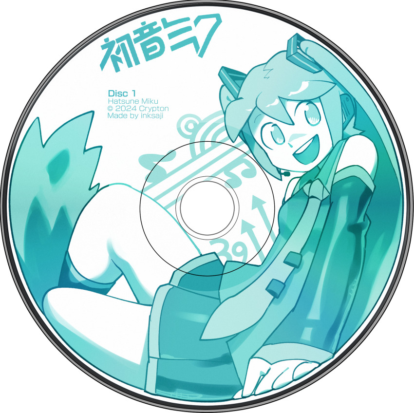 1girl 2024 album_cover aqua_theme artist_name breasts character_name commentary cover detached_sleeves greyscale hatsune_miku headset highres inktaru miniskirt monochrome necktie open_mouth pleated_skirt shirt sitting skirt sleeveless sleeveless_shirt sleeves_past_wrists small_breasts smile solo twintails vocaloid