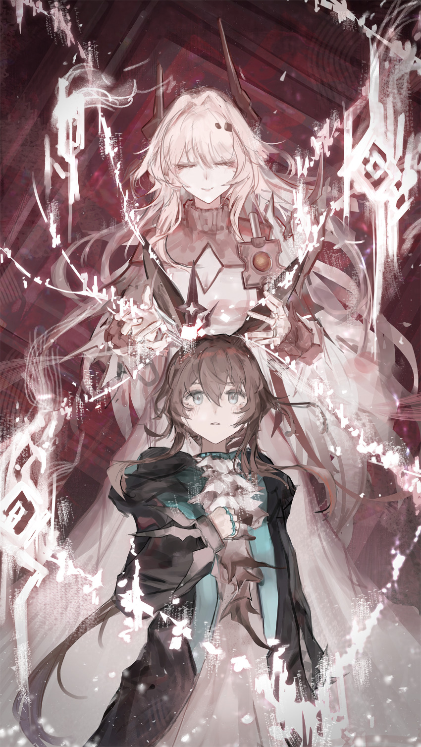 2girls absurdres amiya_(arknights) amiya_(medic)_(arknights) animal_ears arknights ascot black_horns blue_eyes brown_hair clenched_hand closed_eyes demon_horns dress frilled_ascot frills highres horns jewelry long_hair looking_at_viewer multiple_girls multiple_rings neck_ring nueegochi parted_lips pink_hair rabbit_ears rabbit_girl ring sidelocks smile standing theresa_(arknights) torn_clothes torn_dress turtleneck turtleneck_dress very_long_hair white_ascot white_dress