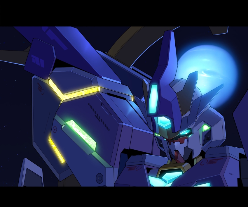 backlighting close-up g.yamamoto glowing glowing_eyes gundam gundam_build_divers gundam_build_divers_re:rise highres letterboxed looking_down mecha name_connection nepteight_gundam neptune_(planet) no_humans object_namesake planet robot science_fiction solo v-fin