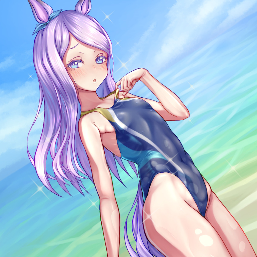 1girl animal_ears beach blue_one-piece_swimsuit blue_sky bow breasts cloud commentary_request competition_swimsuit covered_erect_nipples day dutch_angle ear_ribbon flat_chest highleg highleg_one-piece_swimsuit highres horizon horse_ears horse_girl horse_tail long_hair looking_at_viewer mejiro_mcqueen_(umamusume) mimimimimi multicolored_clothes multicolored_swimsuit ocean one-piece_swimsuit outdoors purple_eyes purple_hair sky small_breasts solo standing swept_bangs swimsuit tail umamusume