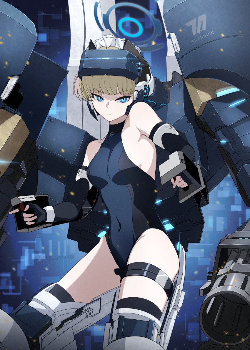 1girl absurdres bare_shoulders black_gloves black_leotard blonde_hair blue_archive blue_eyes blue_halo blue_leotard breasts closed_mouth commentary_request covered_navel elbow_gloves externally_piloted_mecha gloves halo halter_leotard halterneck head-mounted_display highres kaiju_ryoku leotard looking_at_viewer maid_headdress mecha mecha_musume medium_breasts robot sleeveless_leotard sleeveless_turtleneck_leotard solo toki_(abi-eshuh)_(blue_archive) toki_(blue_archive) two-tone_leotard v-shaped_eyebrows