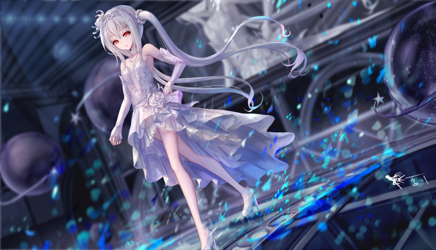 1girl dress female_focus grey_hair highres long_hair red_eyes sakurakouji_luna solo tsuki_ni_yorisou_otome_no_sahou twintails wangchuan_de_quanyan