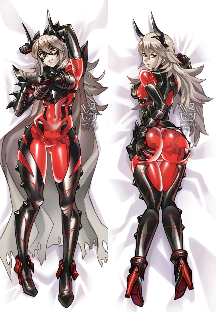 1girl artist_name ass black_footwear boots dakimakura_(medium) fake_horns fire_emblem fire_emblem_heroes gauntlets grabbing_own_ass grey_hair hakuramen high_heels highres horns huge_ass long_hair looking_at_viewer lying mask multiple_views nintendo on_back parted_lips skeleton solo thigh_boots thigh_gap thrasir_(fire_emblem)