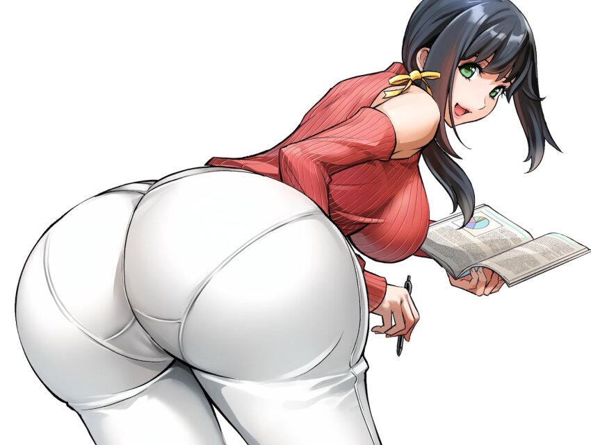 1girl ass ass_focus bare_shoulders black_hair book breasts from_behind green_eyes hair_ribbon huge_ass itachou large_breasts leaning leaning_forward looking_at_viewer open_mouth pants pantylines ribbon short_hair_with_long_locks sideboob smile solo