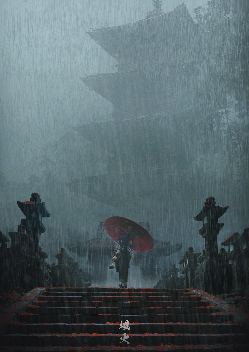 1girl architecture black_kimono couldoh east_asian_architecture full_body highres holding holding_umbrella japanese_clothes kimono nintendo octoling oil-paper_umbrella okobo outdoors rain sandals scenery shiver_(splatoon) solo splatoon_(series) splatoon_3 stairs stone_lantern tabi tentacle_hair umbrella