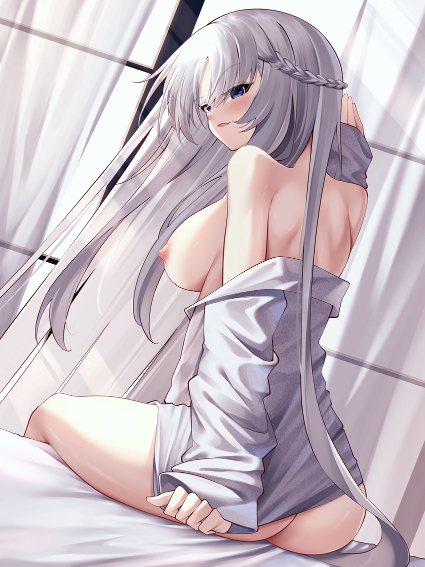 1girl :d arm_behind_back ass azur_lane belfast_(azur_lane) blue_eyes blush bottomless butt_crack clothes_pull commentary_request from_behind half-closed_eyes hand_up highres indoors naked_shirt nipples no_bra on_bed open_clothes open_mouth open_shirt pulling_own_clothes shirt shirt_pull sitting smile solo thighs undressing white_hair yan_lie