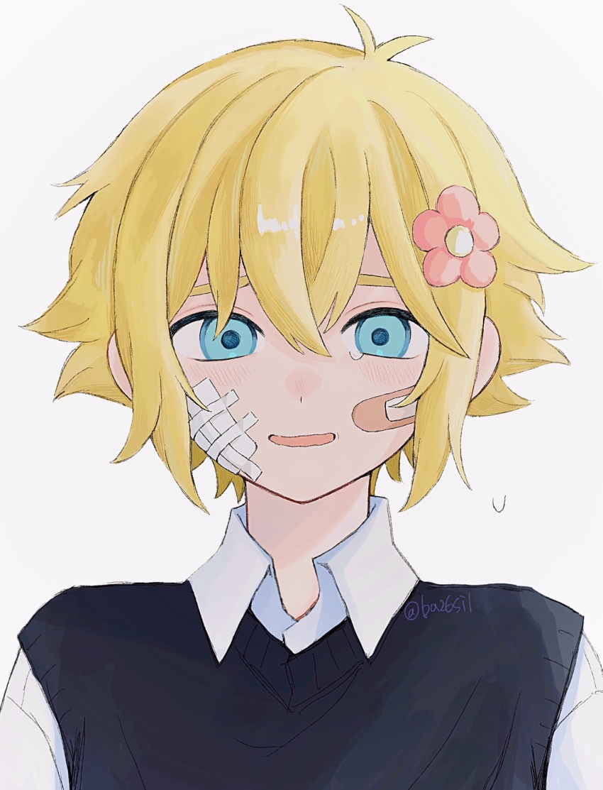 1boy alternate_costume bandaid bandaid_on_face basil_(faraway)_(omori) basil_(omori) black_sweater_vest blonde_hair blue_eyes blush collared_shirt flower hair_flower hair_ornament highres looking_at_viewer male_focus omori open_mouth sebon_(sebochin) shirt short_hair simple_background smile solo sweater_vest twitter_username upper_body white_background white_shirt