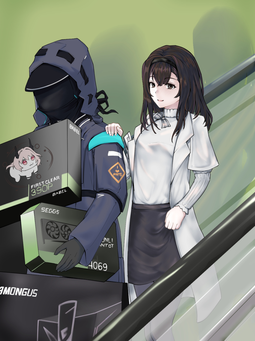 1girl 1other 3_iq_tuna :3 among_us arknights black_hairband black_jacket black_skirt box brown_hair coat commentary cowboy_shot doctor_(arknights) doro_(nikke) english_commentary escalator gloves goddess_of_victory:_nikke graphics_card hairband hand_on_another&#039;s_shoulder highres holding hood hood_up hooded_jacket indoors jacket long_hair long_sleeves nvidia pencil_skirt photo-referenced pink_hair priestess_(arknights) red_eyes shirt skirt standing theresa_(arknights) turtleneck variant_set white_coat white_shirt