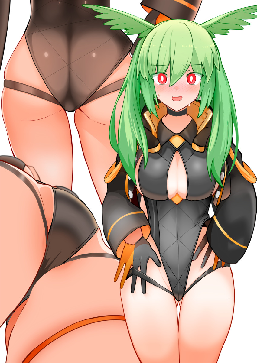 1girl adjusting_clothes adjusting_swimsuit ass black_one-piece_swimsuit blush breasts cleavage cleavage_cutout clothing_cutout commentary_request embarrassed fate/grand_order fate_(series) from_behind from_below gloves gluteal_fold green_hair head_wings highleg highleg_one-piece_swimsuit highres jacket large_breasts long_sleeves looking_at_viewer multiple_views olrun_(fate) one-piece_swimsuit open_mouth red_eyes short_hair simple_background swimsuit thigh_gap thighs valkyrie_(fate) white_background wings yoosai