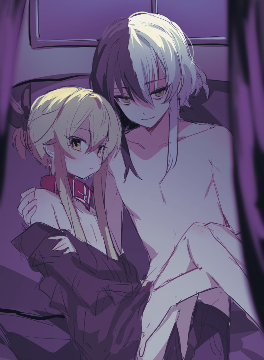 2boys black_hair blonde_hair character_request closed_mouth collar envy_elika_(koyashaka) hair_between_eyes hair_ribbon hand_under_clothes highres holding jacket koyashaka long_sleeves multicolored_hair multiple_boys nude original parted_lips ribbon side_ponytail smirk split-color_hair white_hair yaoi yellow_eyes